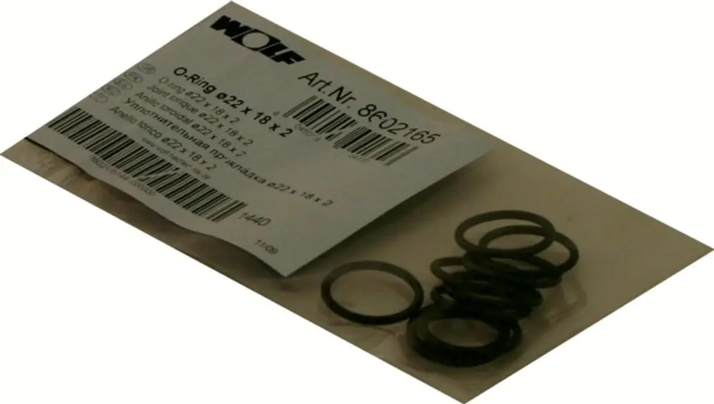 Packung mit mehreren O-Ringen in schwarzer Farbe, markiert mit "Wolf". Verkaufsinformationen und Barcode auf der Verpackung sind sichtbar.